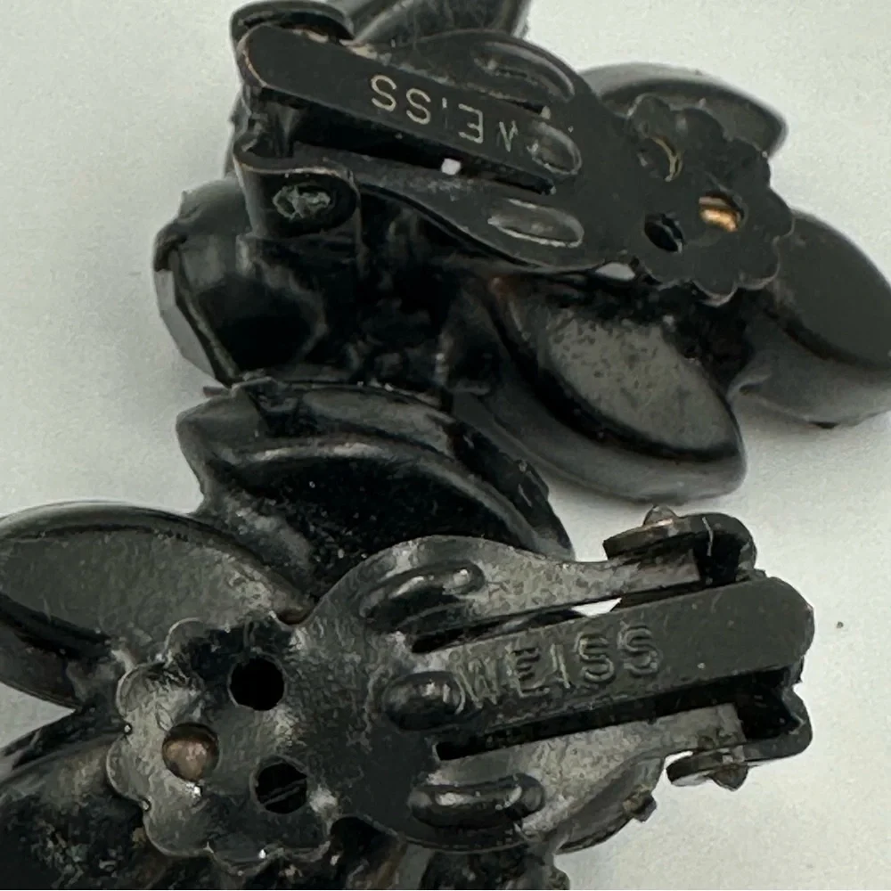 Weiss Signed Vintage Black Rhinestone Brooch & Earrings Set